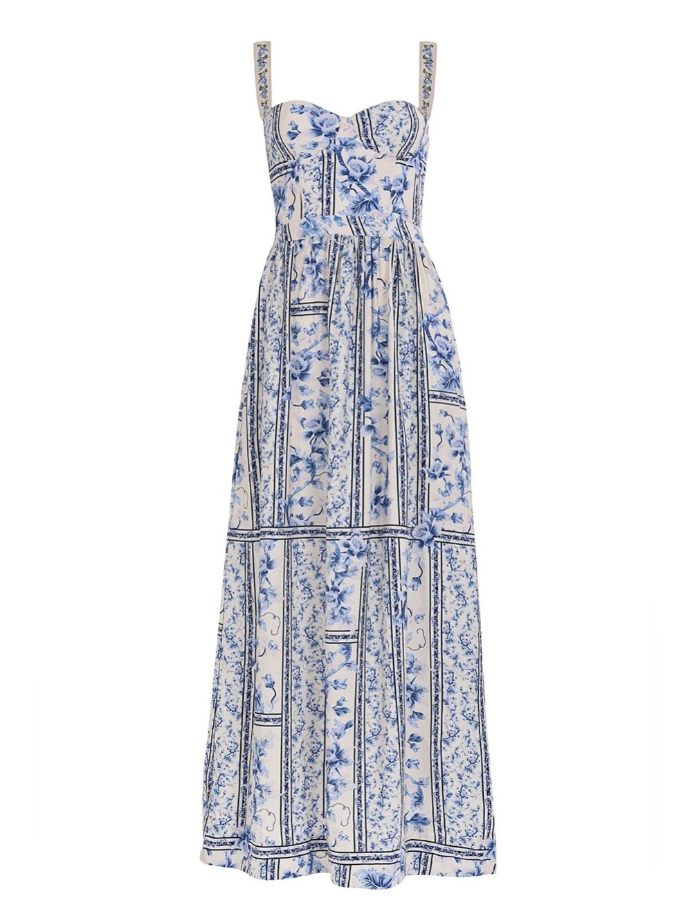 Agua Bendita Marcia Ivy Blue White Floral Sweetheart Embroidered Maxi Dress S